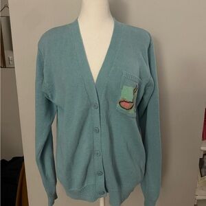 Leon Levin Golf hand loomed Teal V-Neck Button Cardigan Sweater sz M